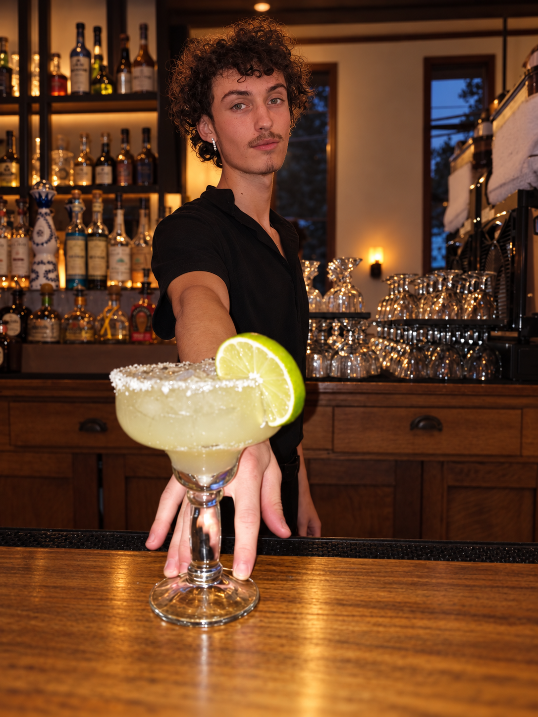 Eli behind the bar presenting a margarita